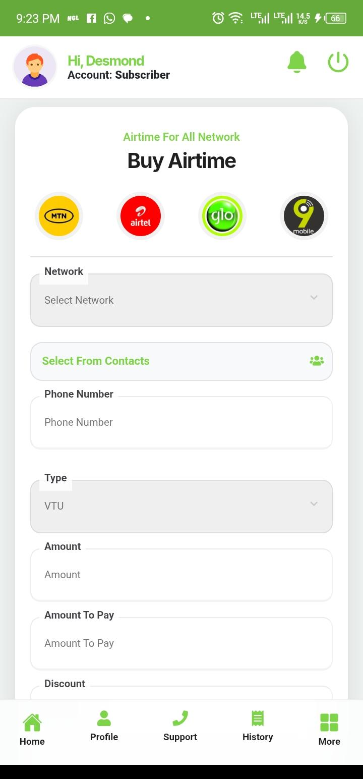 Akmond Sub Airtime Top-up - Phone number and amount input