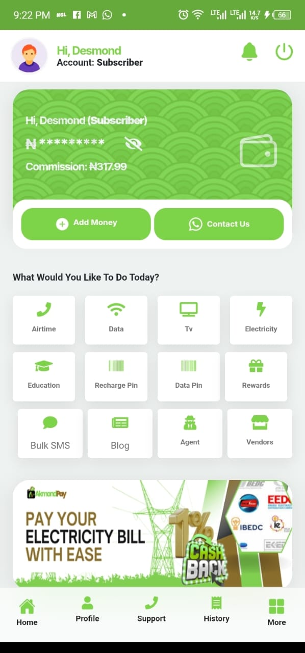 Akmond Sub App Dashboard showing account balance, quick actions for airtime, data, bills, and TV subscription